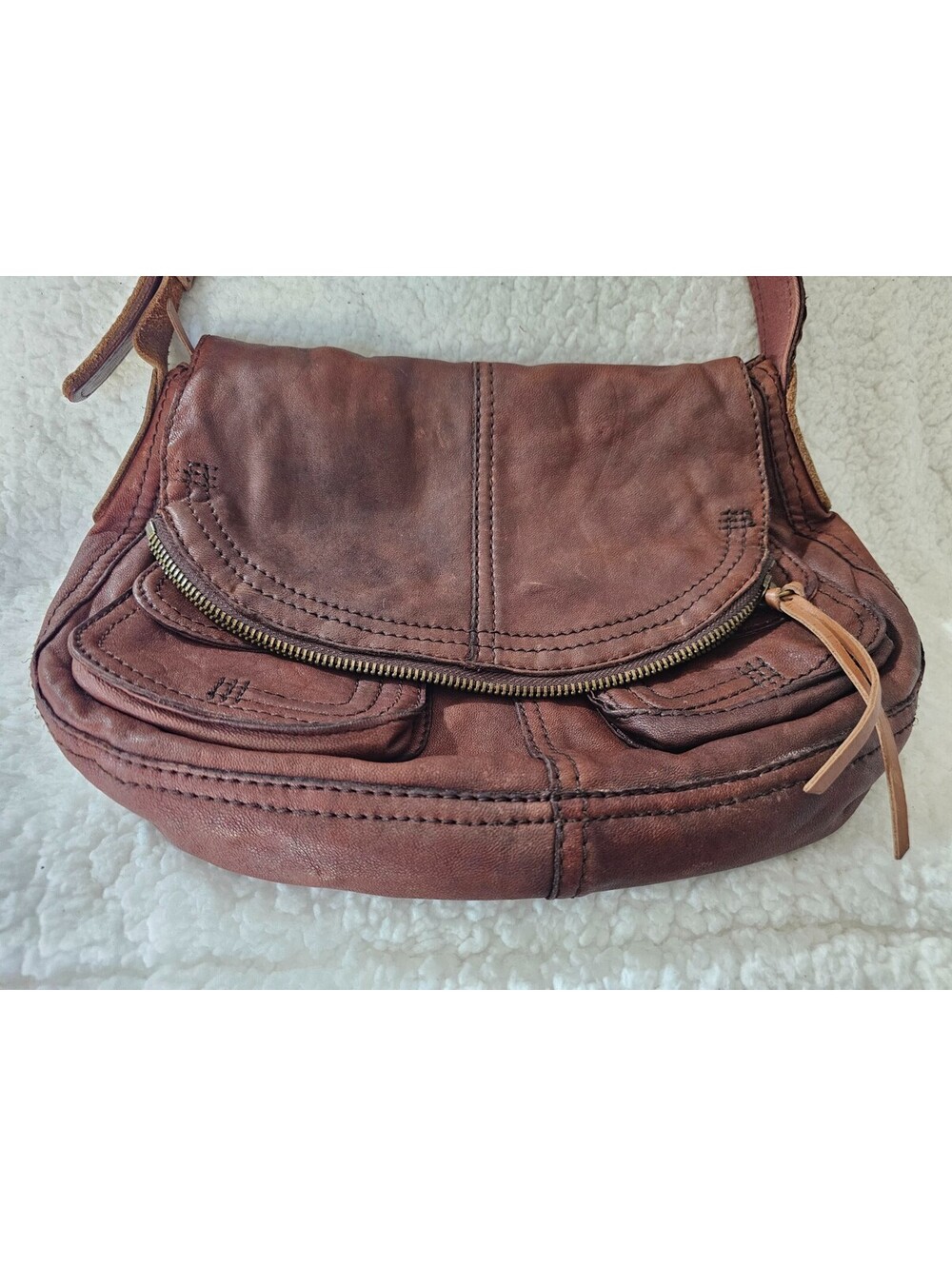 Lucky Brand Stash Fold Over Purse Hobo Bag Vintage Brown Lambskin Leather Boho - Picture 6 of 16